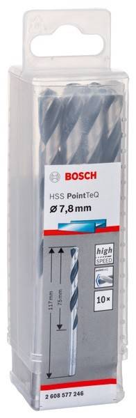 Bohrerspitze mit Verpackung, die das 'BOSCH' Logo, 'HSS PointTeQ', 'Ø 7,8 mm' und den Text 'Hochgeschwindigkeit' trägt, welche Größe und Typ des Bohrers anzeigt.