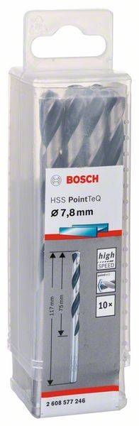 Bosch HSS PointTeQ Bohrer-Verpackung, beschriftet mit 'Ø 7,8 mm', aus Schnellarbeitsstahl mit einer Visualisierung des Bohrers.
