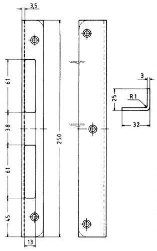 Technische Zeichnung einer langen Metallklammer/Platte mit Befestigungslöchern, zeigt Vorder- und Seitenansicht mit Abmessungen, einschließlich Länge 250 und Breite 32, sowie ein kleines Biegeprofil-Detail.