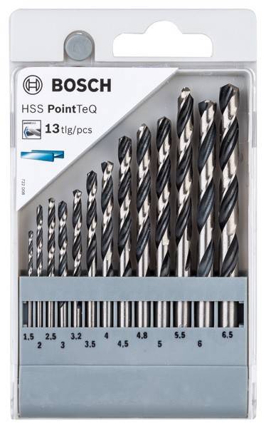 Ein Satz von 13 Bosch HSS PointTeQ Bohrern in aufsteigender Größenordnung von 1,5 mm bis 6,5 mm, untergebracht in einem kompakten Etui.