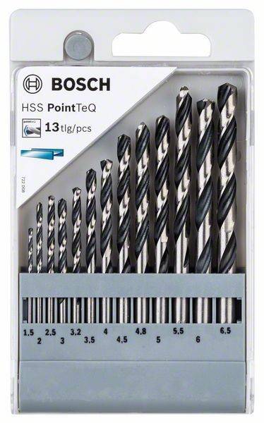 Ein Satz von 13 Bosch HSS PointTeQ Bohrern, in einem Etui präsentiert, mit Größen von 1,5 mm bis 6,5 mm, geeignet zum Bohren von Metall.