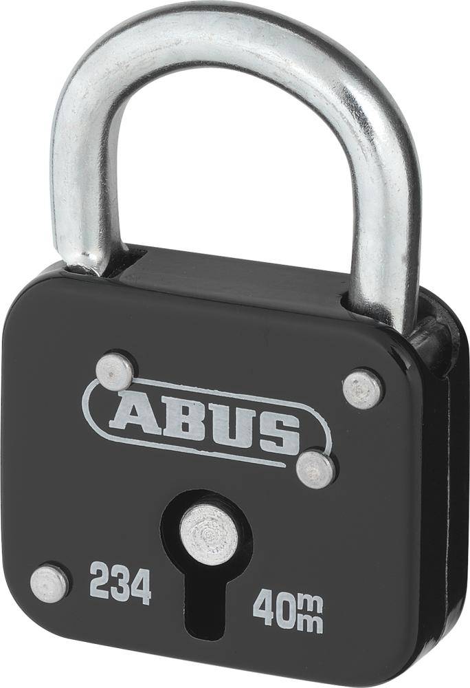 Schwarzes ABUS-Vorhängeschloss mit silbernem Bügel, beschriftet mit 