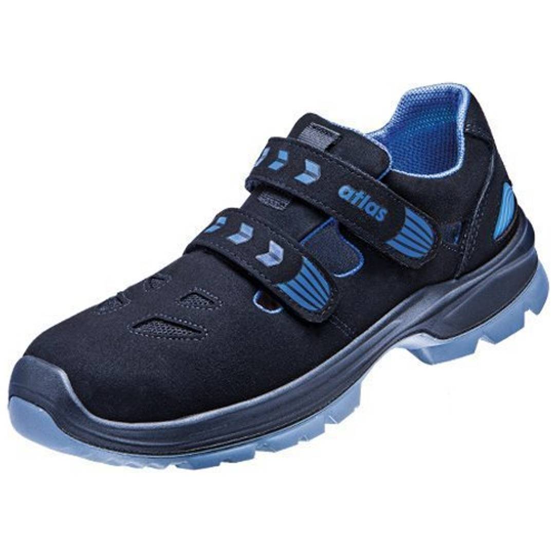 Schwarzer und blauer Sportschuh mit zwei Klettverschlüssen und einer strapazierfähigen Sohle, dargestellt auf weißem Hintergrund.