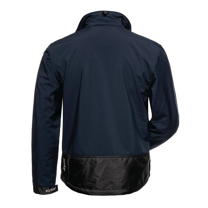 Rückenansicht einer dunkelblauen Jacke mit hochstehendem Kragen und schwarzem unteren Bereich, vor weißem Hintergrund gezeigt.