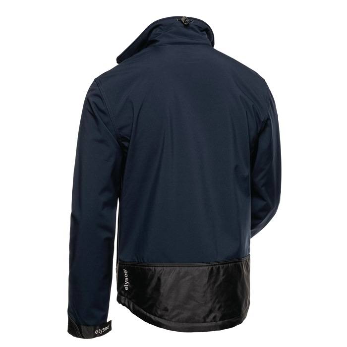 Rückansicht einer marineblau Kapuzenjacke mit schwarzem unteren Bereich und Manschetten, vor weißem Hintergrund dargestellt.