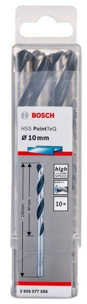Bosch Bohrer-Verpackung mit der Bezeichnung 'HSS PointTeQ', Größe 10 mm, mit Hinweisen auf 'Hochgeschwindigkeit' und 'Punkt-Technologie'.