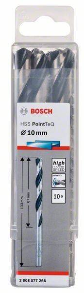 Bohreretuikette für Bosch HSS PointTeQ, 10 mm Durchmesser, mit Aufschrift ‚Hochgeschwindigkeit' und Grafik des Bohrdesigns.