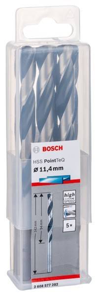 Ein Paket Bosch-Bohrer mit der Beschriftung 'Ø 11,4 mm HSS PointTeQ', entwickelt für präzises Hochgeschwindigkeitsbohren.