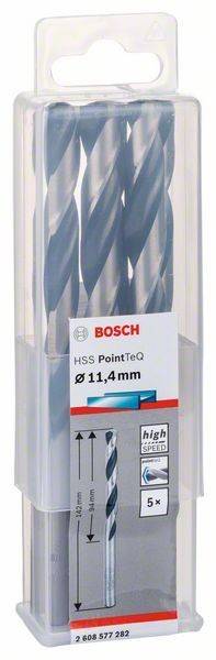 Ein Paket Bosch PointTeQ Bohrer, gekennzeichnet mit ‚Ø 11,4 mm', mit hocheffizientem Spiraldesign für maximale Leistung beim Bohren.