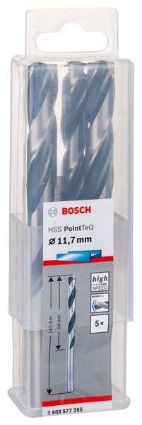 Ein Paket mit Bosch HSS PointTeQ-Bohrern wird gezeigt, wobei ein Etikett einen Durchmesser von 11,7 mm angibt.