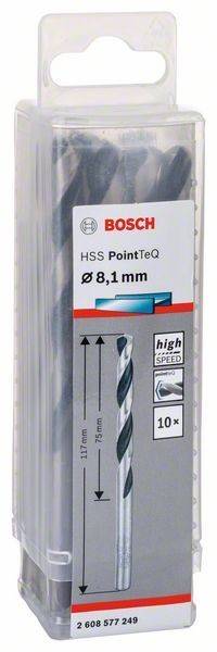 Packung mit Bosch HSS PointTeQ Bohrern, 8,1 mm Durchmesser, Hochgeschwindigkeit, enthält 10 Stück, mit einem Bild des Bohrerdesigns.