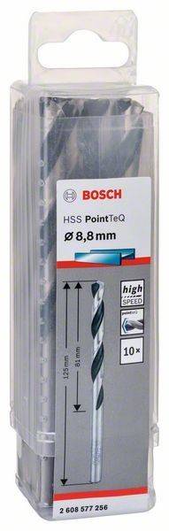 Das Bild zeigt eine Bosch HSS PointTeQ Bohrerspitze, Größe 8,8 mm, mit hoher Geschwindigkeit und PointTeQ-Technologie.