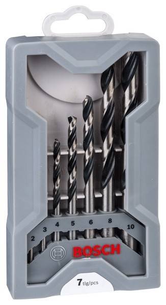 Ein Satz von sechs schwarzen und silbernen Bohrern unterschiedlicher Größen, angeordnet in einem grauen Kunststoffhalter, der mit Nummern von 3 bis 10 beschriftet ist.