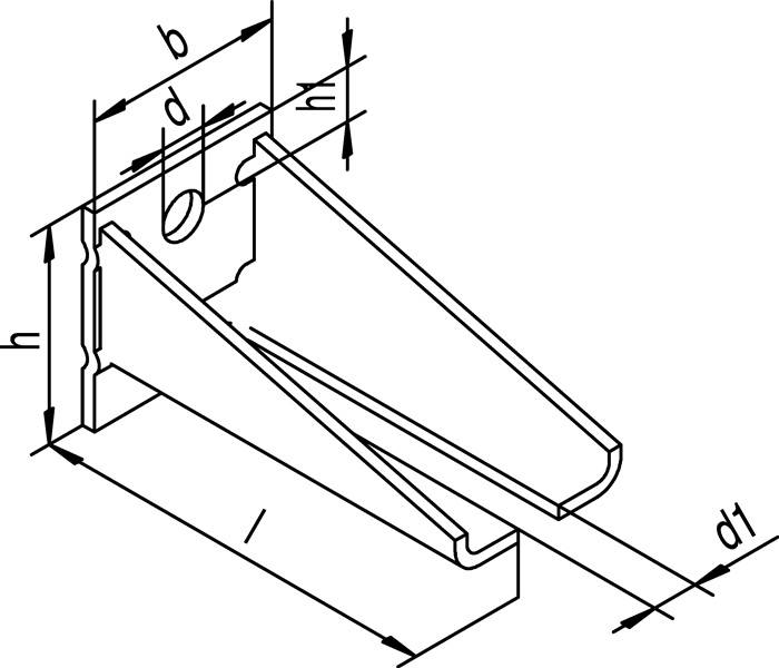 Technische Zeichnung, die eine Winkelhalterung im rechten Winkel mit beschrifteten Abmessungen zeigt. Wichtige markierte Dimensionen umfassen 'b', 'd' und 'l'.