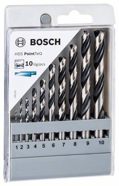 Ein Satz Bosch HSS PointTeQ Bohrer, Größen 1 bis 10, in einem Halter präsentiert. Das Bild zeigt die unterschiedlichen Bohrergrößen hervorgehoben.