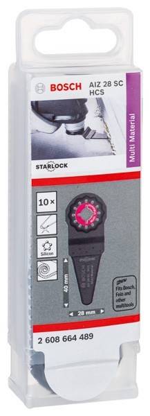 Verpackung der Marke 'Starlock' mit einer Multimaterial-Sägeblatt, beschriftet mit '10x', mit Symbolen, die Kompatibilität und Materialinformationen darstellen.