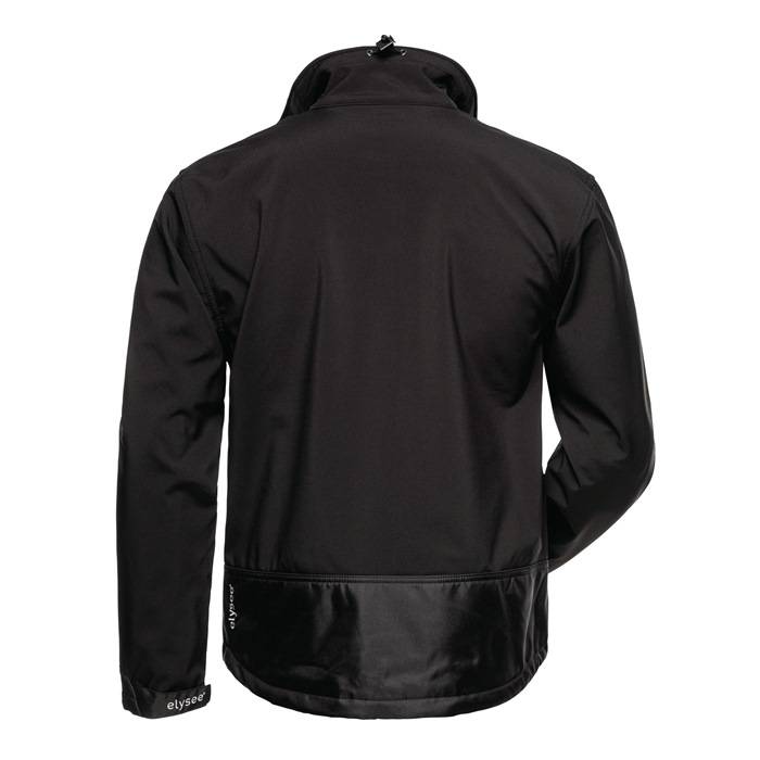 Rückansicht einer schwarzen Reißverschluss-Jacke mit hohem Kragen und langen Ärmeln, dargestellt vor einem einfachen weißen Hintergrund.