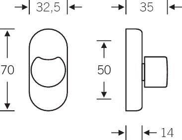Technische Zeichnung eines abgerundeten rechteckigen Knaufs oder Knopfes, dargestellt in Vorder- und Seitenansicht mit den Abmessungen 32,5, 35, 70, 50 und 14.