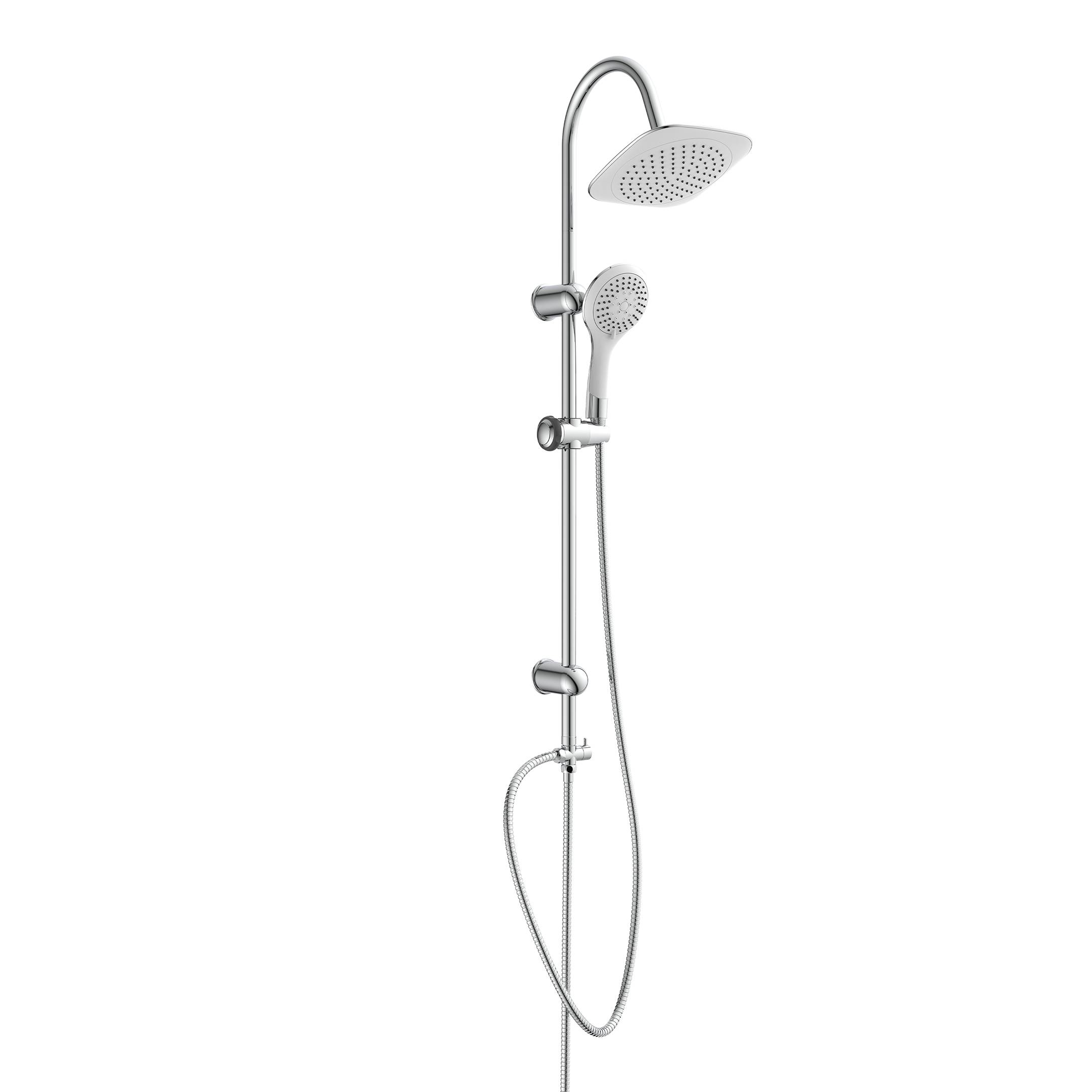 Chrome-Duschsystem mit Überkopf-Regenduscheknopf, Handbrause und verstellbarer Schiebestange auf schwarzem Hintergrund.
