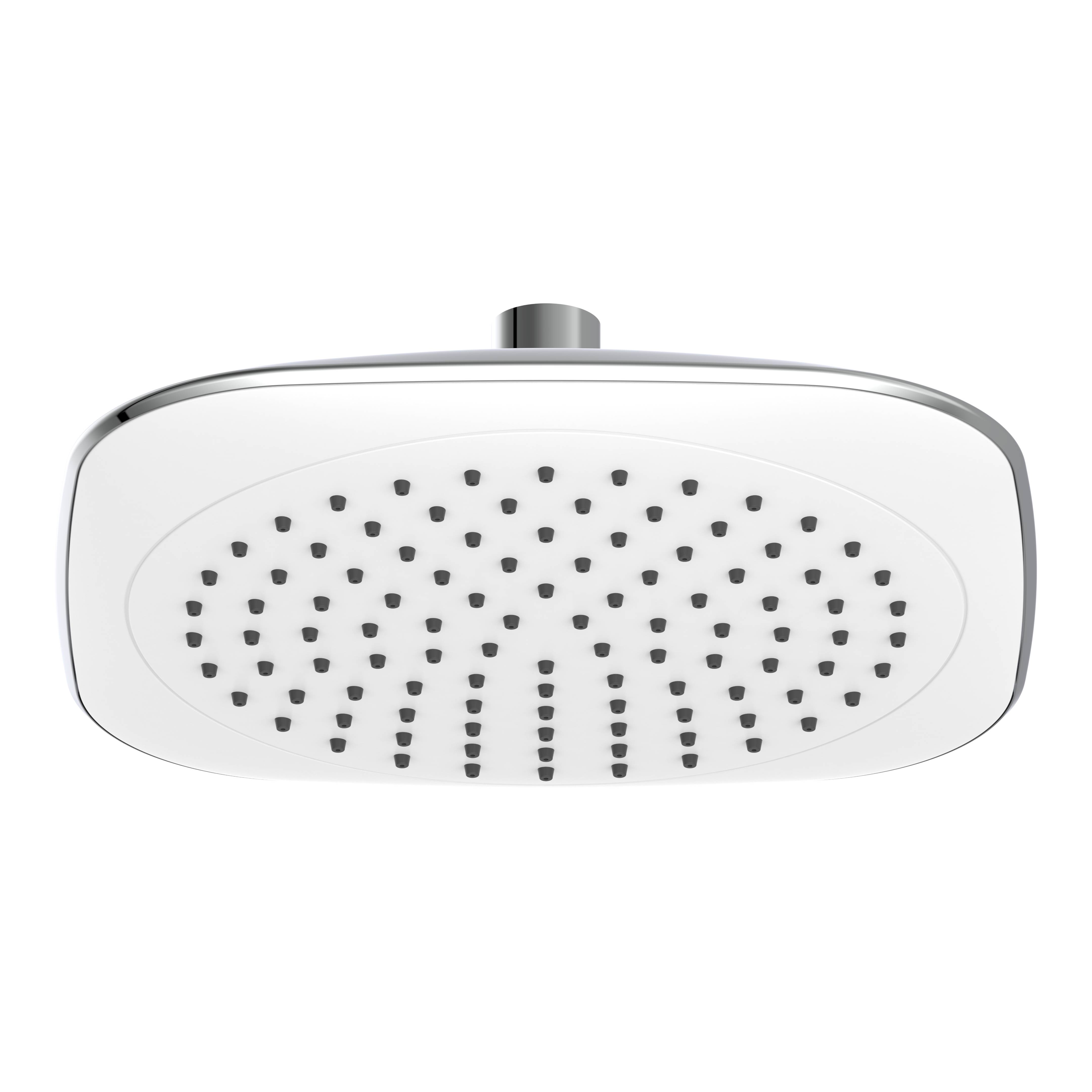 Glänzender verchromter rechteckiger Duschkopf mit mehreren kleinen Düsen, entwickelt für eine gleichmäßige Wasserverteilung.