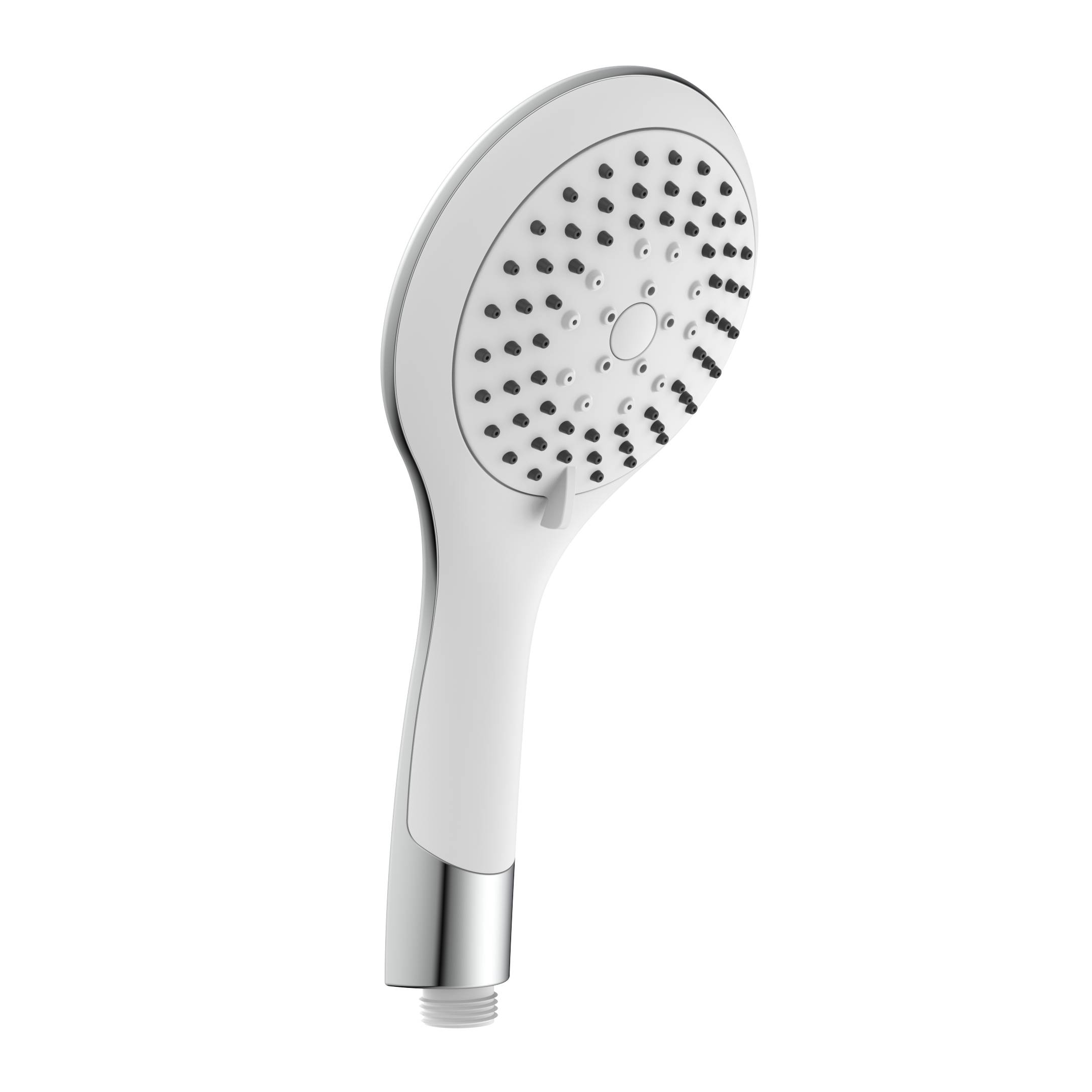 Ein weißer tragbarer Duschkopf mit mehreren Sprühdüsen auf schwarzem Hintergrund.