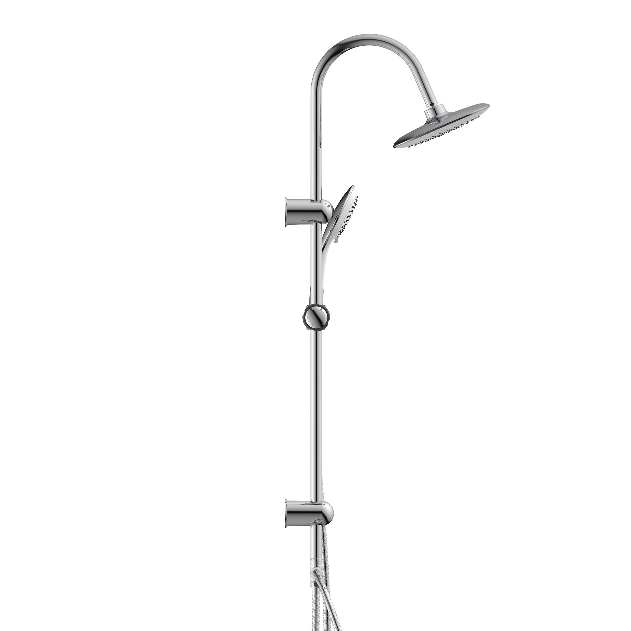 Chromduschsäule mit rundem Deckeneinsatz-Duschkopf und einstellbarem Handbrausekopf auf schwarzem Hintergrund.