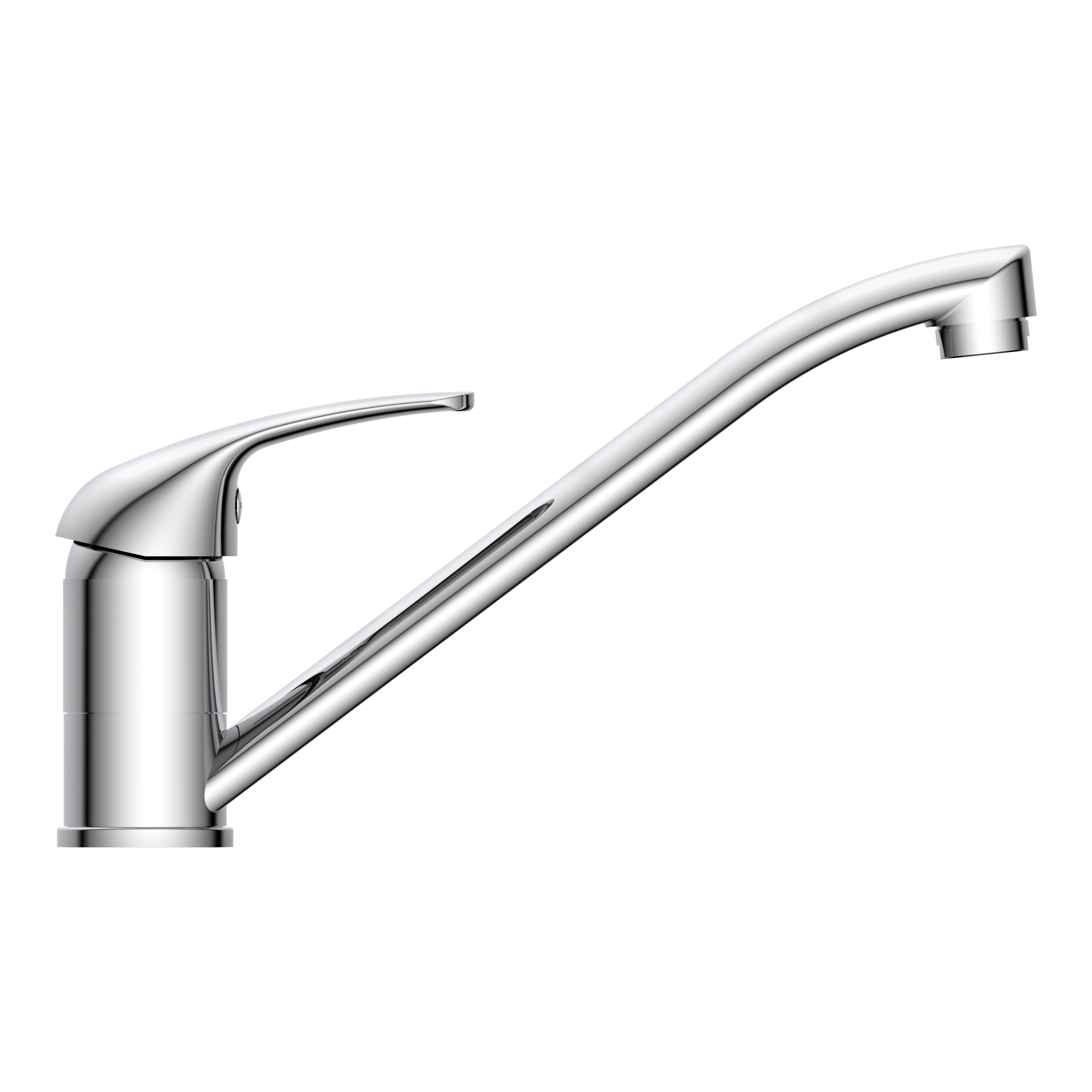 Ein eleganter, verchromter Küchenarmatur vor schwarzem Hintergrund, der sein modernes Design mit geschwungenem Auslauf und einhebeligem Griff zeigt.