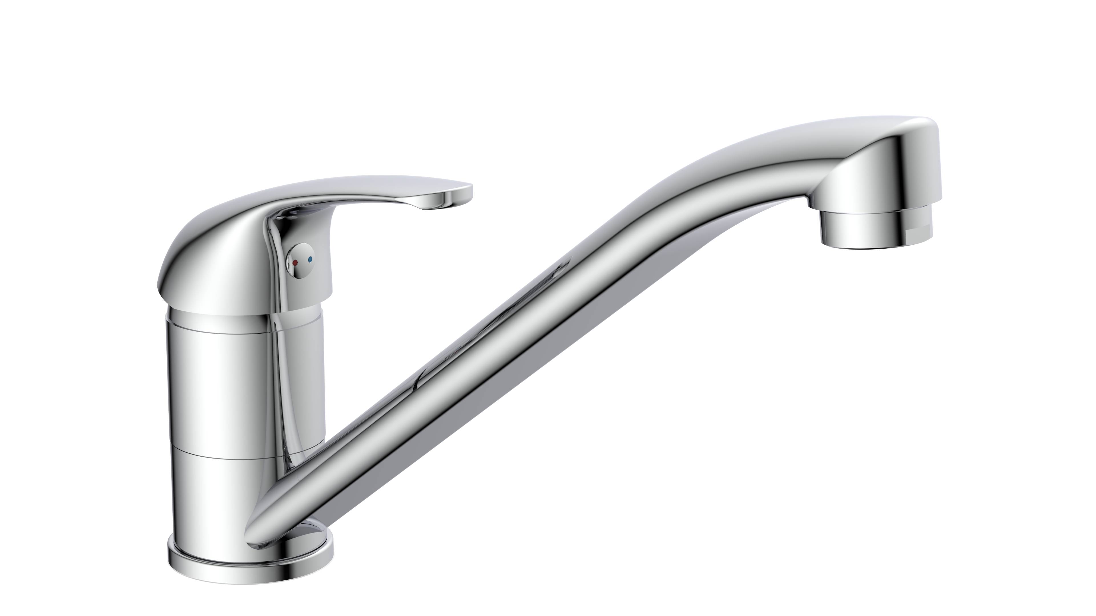 Ein eleganter verchromter Küchenarmatur vor schwarzem Hintergrund, mit einem einhebel-Griff zur Kontrolle von Wasserdurchfluss und Temperatur.