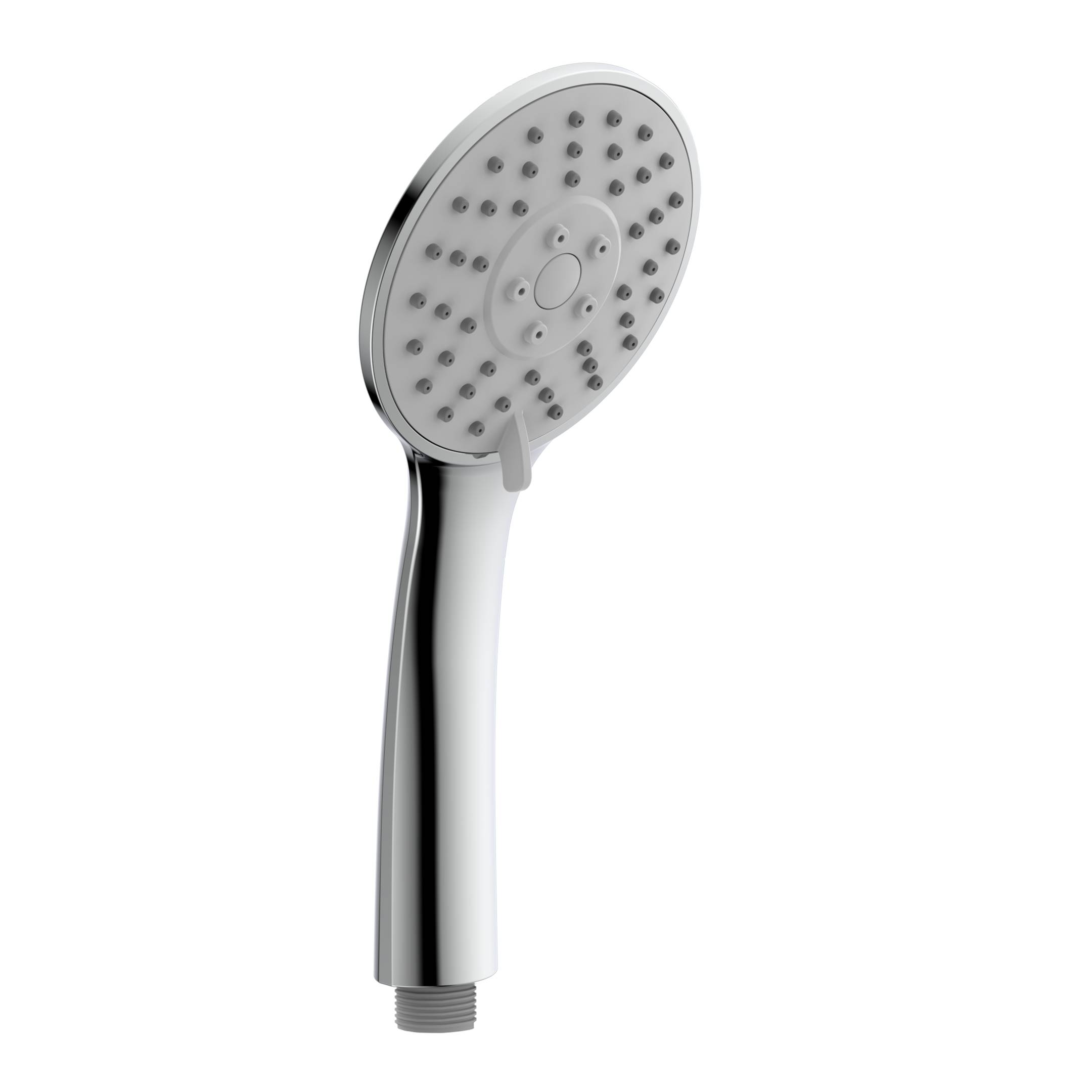 Ein chromglänzender tragbarer Duschkopf mit mehreren Düsen, vor schwarzem Hintergrund dargestellt.