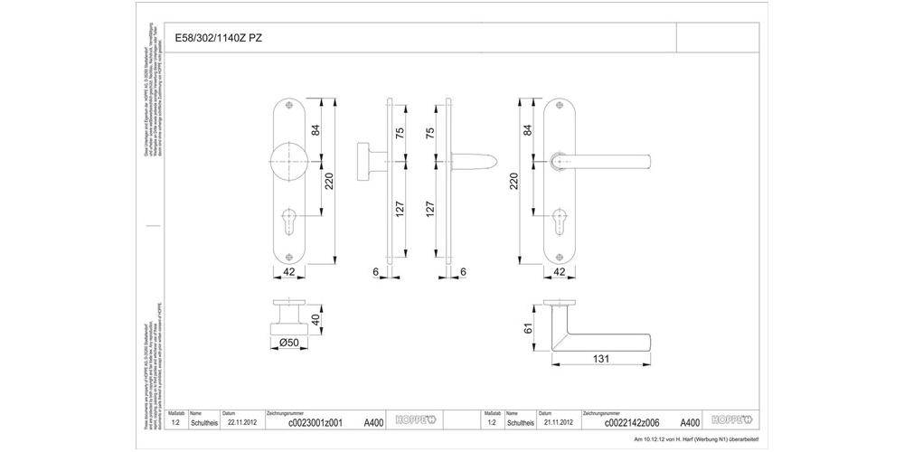 HOPPE Langschildgarnitur Stockholm E58/302/1140Z Vierkantmaß 8mm
