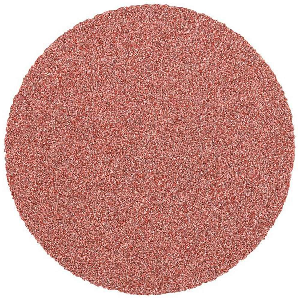 Ein rotes, geflecktes kreisförmiges Schleifpad oder Schleifscheibe auf weißem Hintergrund.