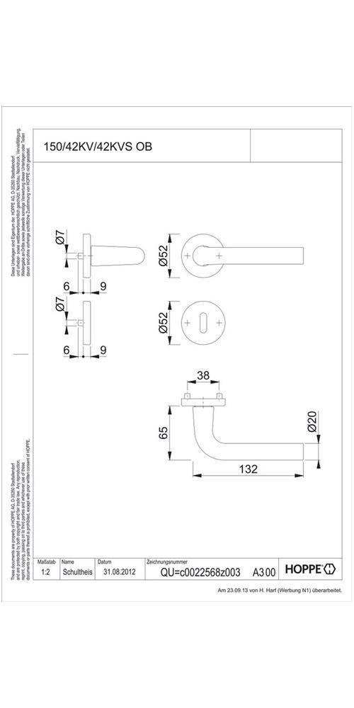 HOPPE Rosettengarnitur Bonn 150/42KV/42KVS Vierkantmaß 8mm OB F1 Alu