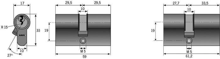 Eine technische Zeichnung einer mechanischen Komponente mit präzisen Maßangaben: 29,5 mm Breite, 59 mm Länge und 10 mm Abschnitttiefe.