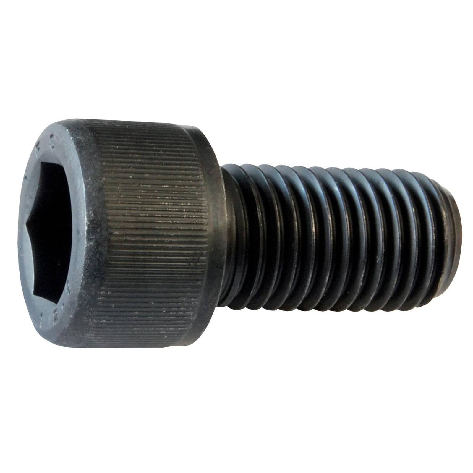 Ein Nahaufnahmebild einer schwarzen Innensechskantschraube, das ihre strukturierte Oberfläche und den Gewindeschaft zeigt, der in mechanischen Baugruppen verwendet wird.