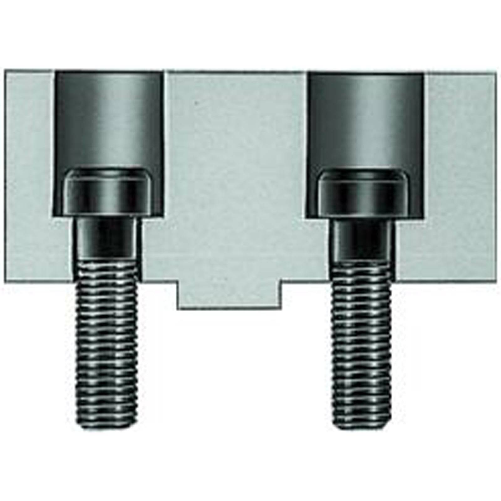 Das Bild zeigt eine technische Schnittzeichnung von zwei Sechskantschrauben, die in einen Block eingeführt sind und die Gewinde und Ausrichtung der Schrauben hervorheben.