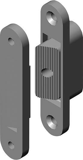 Sprengzeichnung einer zweiteiligen grauen Metalltürklinke mit geripptem verschiebbarem Mittelblock und Befestigungslöchern auf beiden Platten.