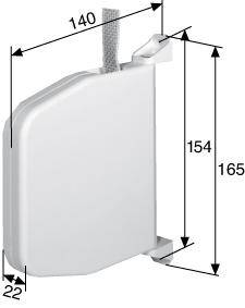 Weiße rechteckige, wandmontierte Vorrichtung mit oben angebrachtem Kabel, dargestellt in einem Maßstabdiagramm: 140 breit, 165 hoch, 154 Körperhöhe, 22 tief.