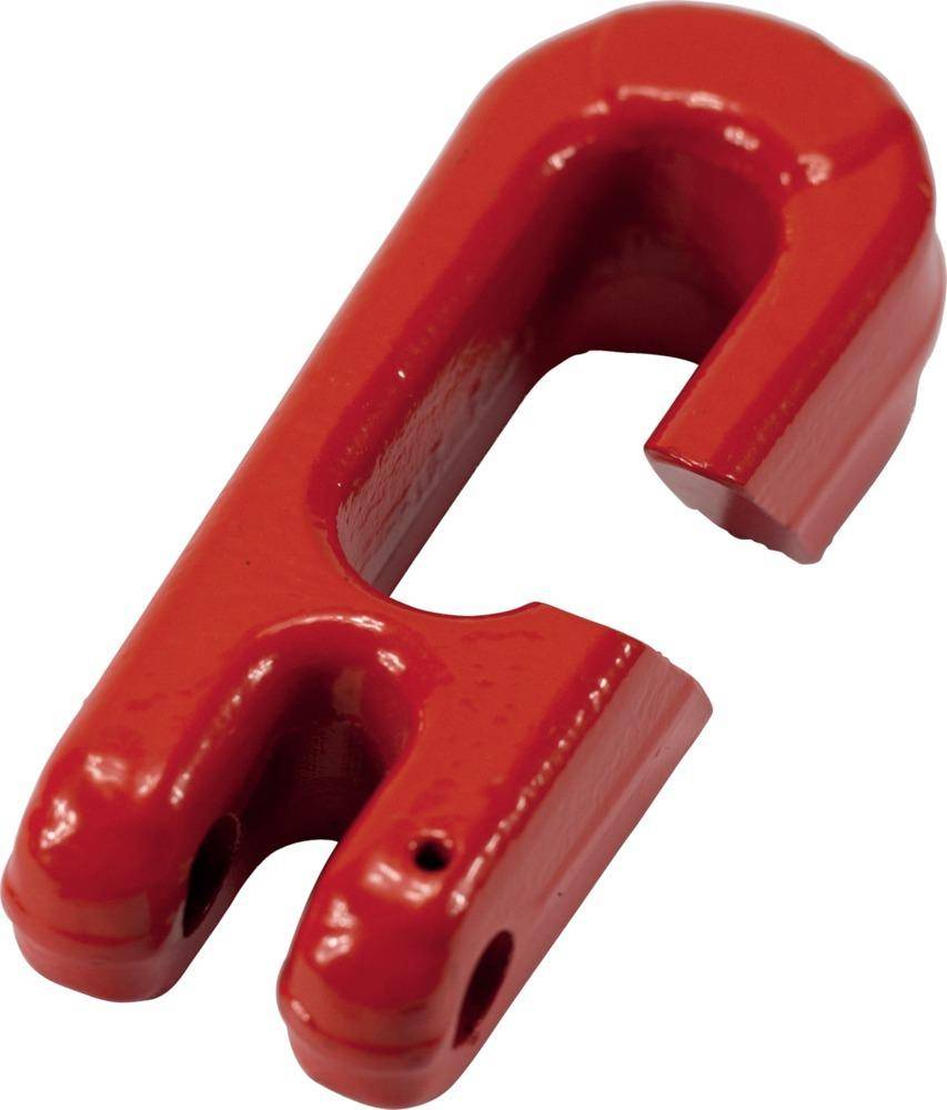 Roter U-förmiger Metallhaken oder Metallclip mit Hochglanzfinish, dargestellt auf weißem Hintergrund.