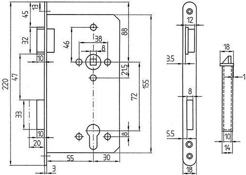 Korridorschloss PZW 55/72/8/2 DIN rechts Falz