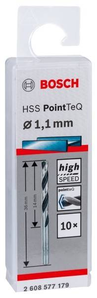 Bohrer-Verpackung mit der Beschriftung 'HSS PointTeQ ø 1,1 mm', mit dem Text 'high speed' und einem Bild eines Bohrers.