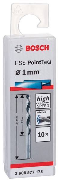 Verpackung für einen 1mm HSS PointTeQ Hochgeschwindigkeits-Metallbohrer, mit blauem rechteckigem Logo und einem Bild des Bohrers.
