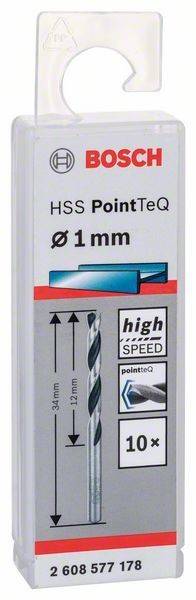 Verpackung für einen HSS PointTeQ Bohrer, 1 mm Durchmesser. Merkmale umfassen hohe Geschwindigkeitsfähigkeit und Produktabbildung.