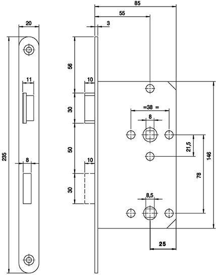 WC- oder Badschloss 55/78/8/1 Din RE FALZ