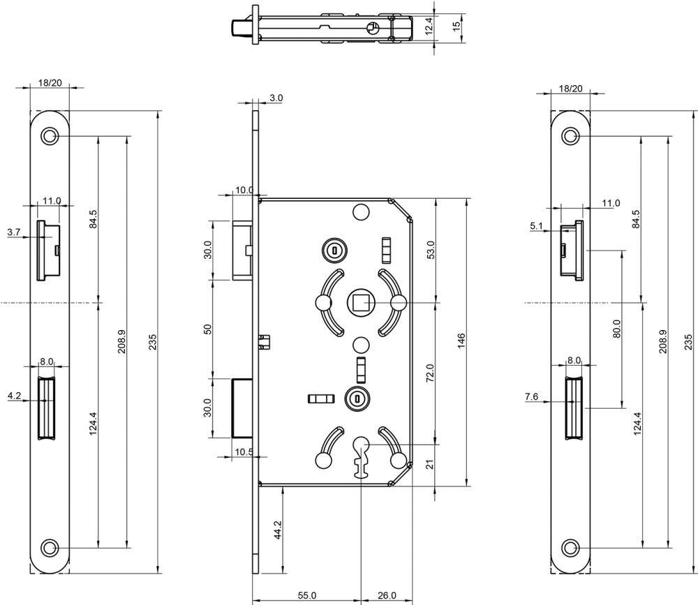 Zimmertürschloss ZTE BB 55/72/8/1 Din R STUMPF