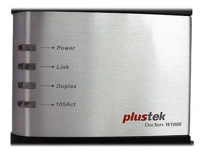 Plustek DocServ W1000 Scanner Frontplatte mit Stromversorgung, Verbindung, Duplex- und 100Act-Kontrollleuchten.
