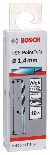 PointTeq HSS, Ø1,4 mm, Hochgeschwindigkeits-Bohrer in einer Box. Mit Illustrationen zur Bohrdesign und Leistungsmerkmalen.