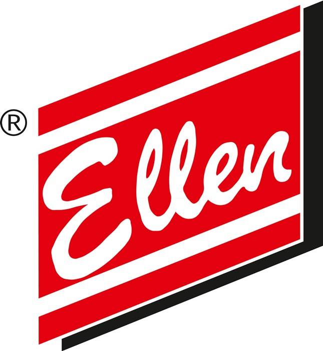 Ellen'-Logo in weißer Schreibschrift auf einem schräg gestellten roten Rechteck mit schwarzem Rahmen.