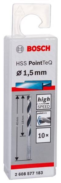 Eine 'HSS PointTeQ' Bohrer-Verpackung mit der Größenangabe 'Ø 1,5 mm' und einer blauen Grafik, die die 'High-Speed'-Leistungsfähigkeit hervorhebt.