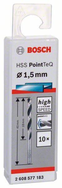 Bosch HSS PointTeQ Bohrbit-Verpackung, die ein 1,5 mm Bit zeigt. Merkmale sind hohe Geschwindigkeit und effizientes Bohren.