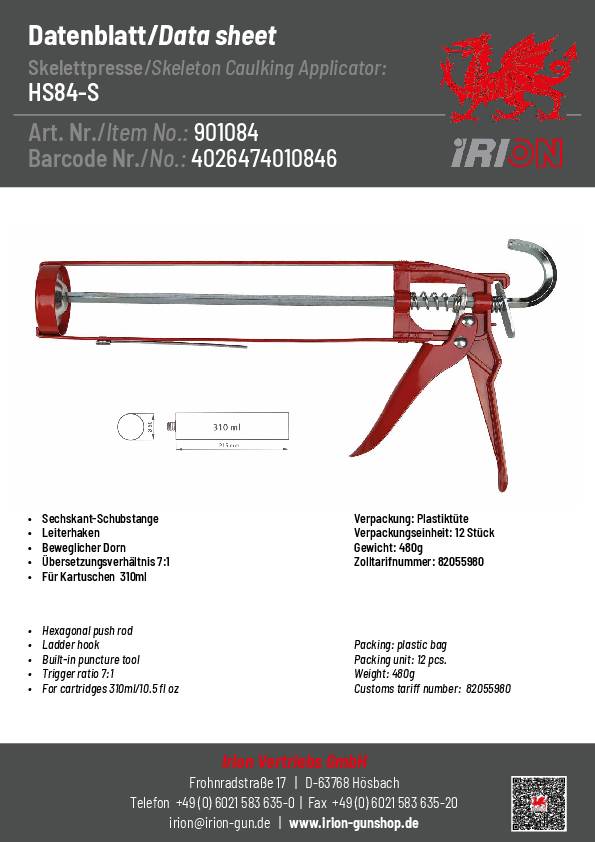 Skelettpistole HS84-S Metall Sechskant-Schubstange IRION